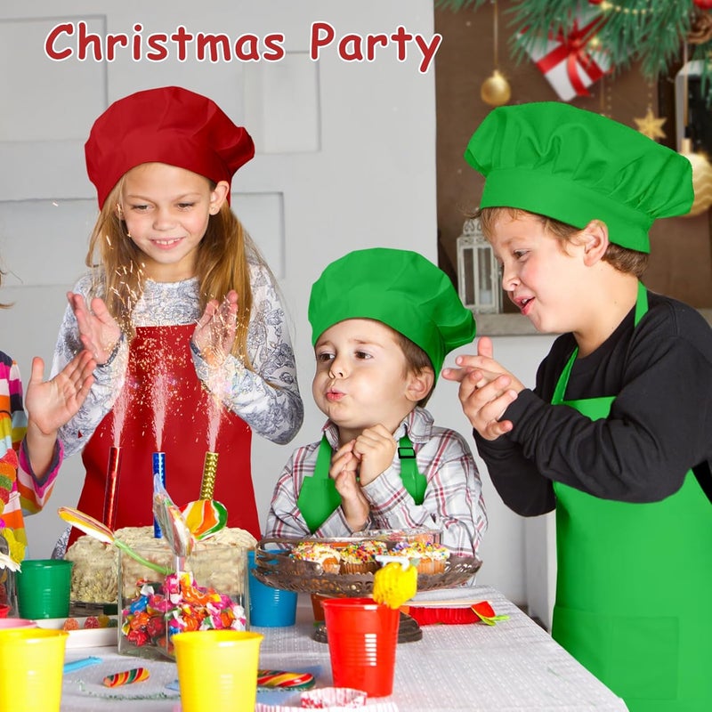 IAGBIBUI Kids Apron and Chef Hat Set, 16 Pieces Boys Girls Christmas Kids Apron with 2 Pockets Adjustable for Cooking Classroom Baking Painting, 6-13 Years(Red, Green) - Image 5